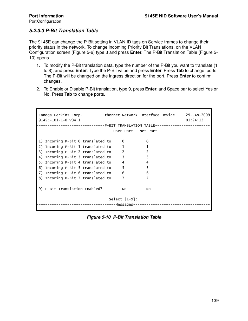 3 p-bit translation table, P-bit translation table | CANOGA PERKINS 9145E NID Software Version 4.10 User Manual | Page 151 / 296
