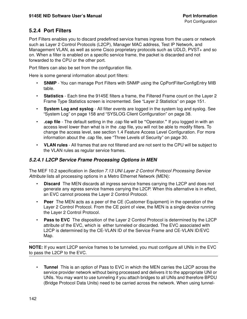 4 port filters, 1 l2cp service frame processing options in men, Port filters | L2cp service frame processing options in men | CANOGA PERKINS 9145E NID Software Version 4.10 User Manual | Page 154 / 296