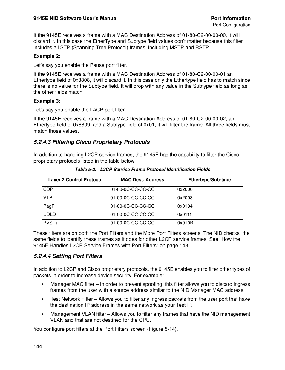 3 filtering cisco proprietary protocols, 4 setting port filters, Filtering cisco proprietary protocols | Setting port filters | CANOGA PERKINS 9145E NID Software Version 4.10 User Manual | Page 156 / 296