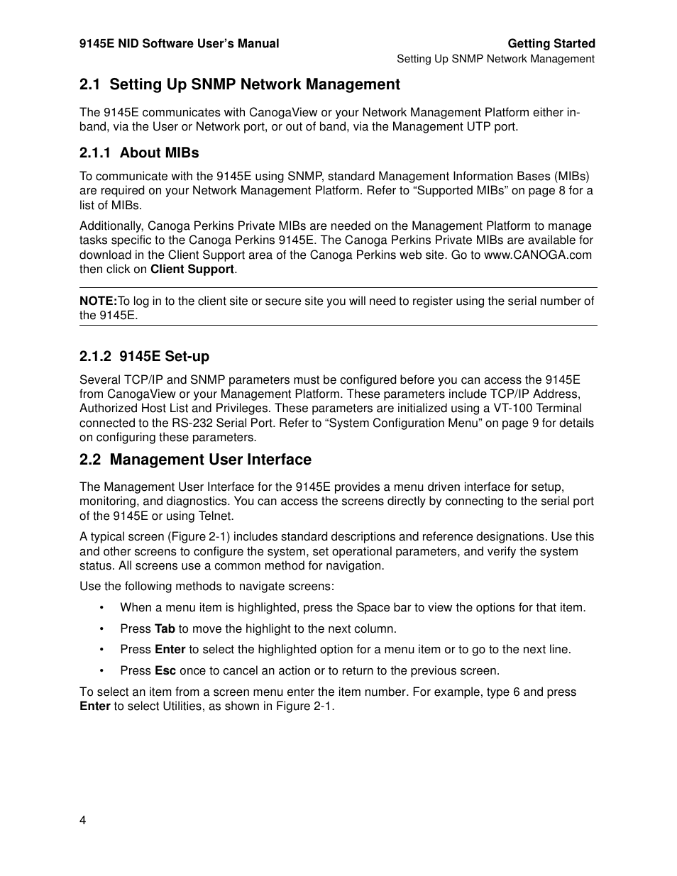 1 setting up snmp network management, 1 about mibs, 2 9145e set-up | 2 management user interface, Setting up snmp network management, About mibs, 9145e set-up, Management user interface | CANOGA PERKINS 9145E NID Software Version 4.10 User Manual | Page 16 / 296