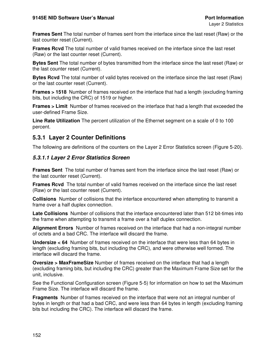 1 layer 2 counter definitions, 1 layer 2 error statistics screen, Layer 2 counter definitions | CANOGA PERKINS 9145E NID Software Version 4.10 User Manual | Page 164 / 296