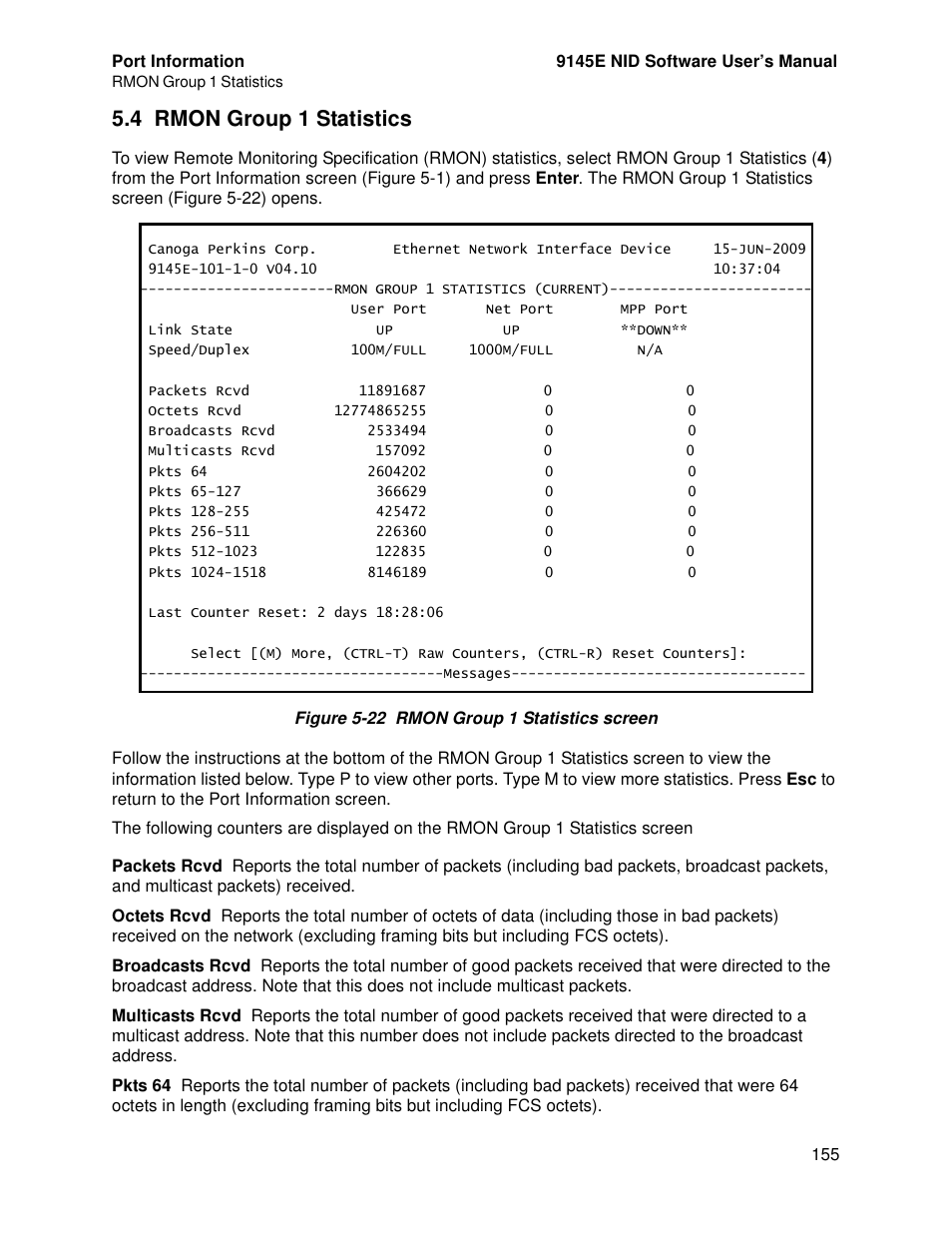 4 rmon group 1 statistics, Rmon group 1 statistics | CANOGA PERKINS 9145E NID Software Version 4.10 User Manual | Page 167 / 296