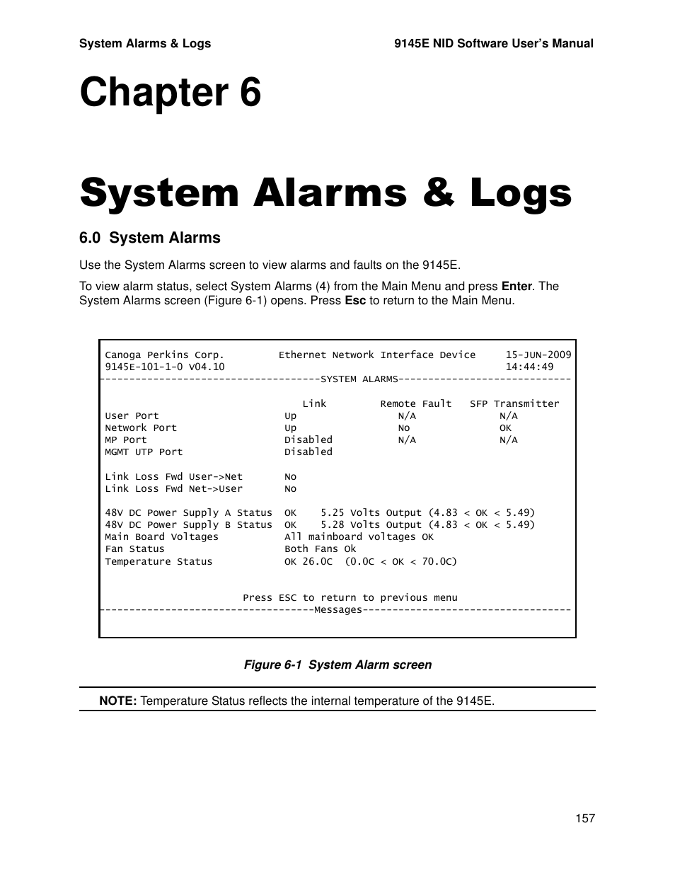 System alarms & logs, 0 system alarms, Chapter 6. system alarms & logs | System alarms, Chapter 6 system alarms & logs | CANOGA PERKINS 9145E NID Software Version 4.10 User Manual | Page 169 / 296