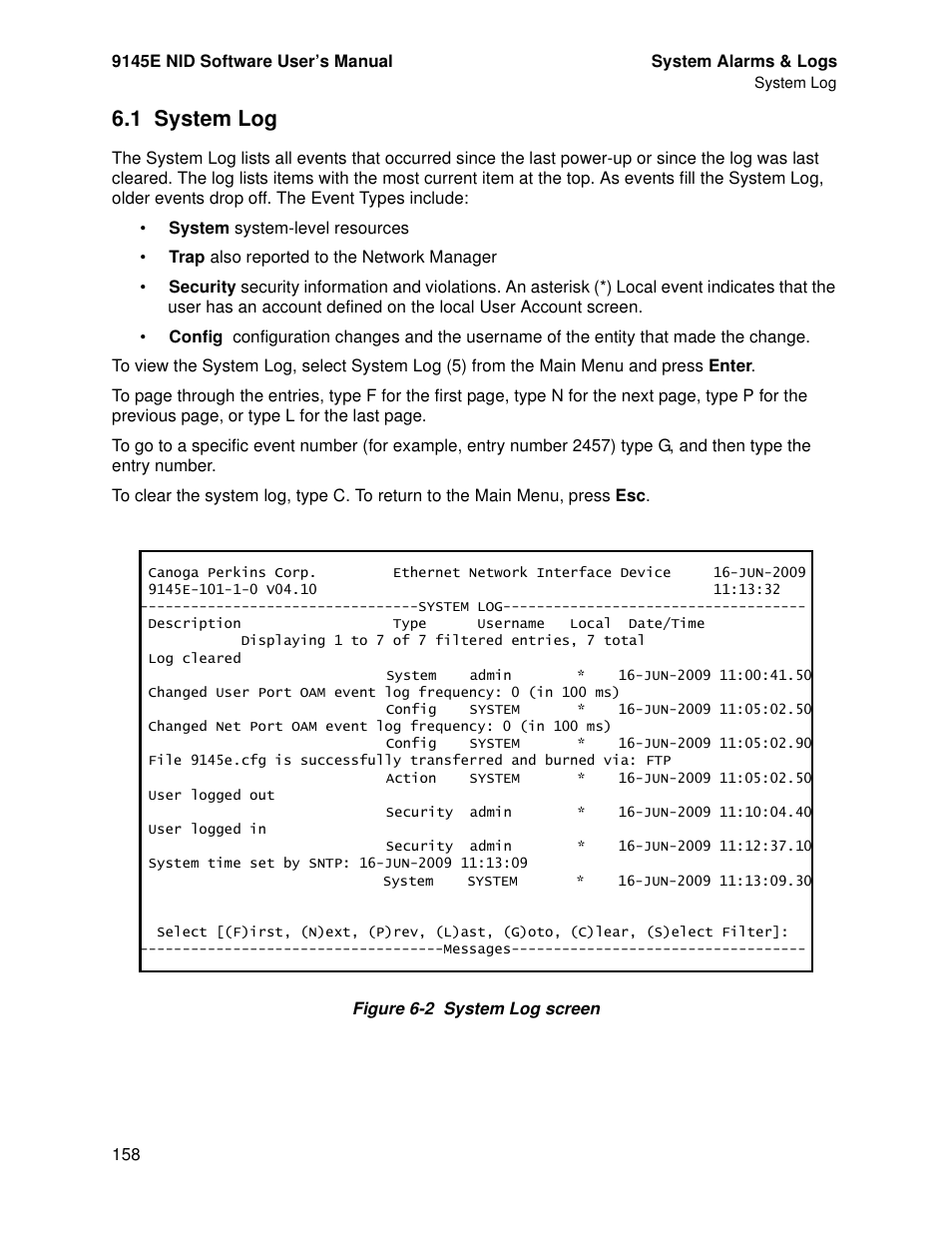 1 system log, System log | CANOGA PERKINS 9145E NID Software Version 4.10 User Manual | Page 170 / 296