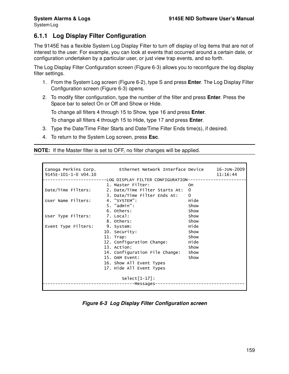 1 log display filter configuration | CANOGA PERKINS 9145E NID Software Version 4.10 User Manual | Page 171 / 296