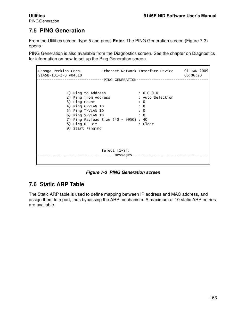 5 ping generation, 6 static arp table, Ping generation | Static arp table | CANOGA PERKINS 9145E NID Software Version 4.10 User Manual | Page 175 / 296