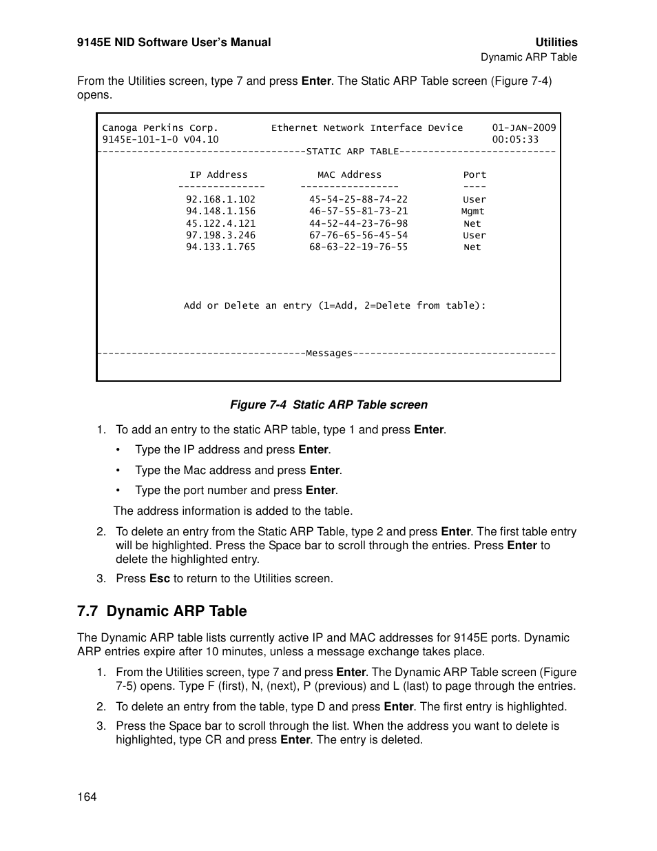 7 dynamic arp table, Dynamic arp table | CANOGA PERKINS 9145E NID Software Version 4.10 User Manual | Page 176 / 296
