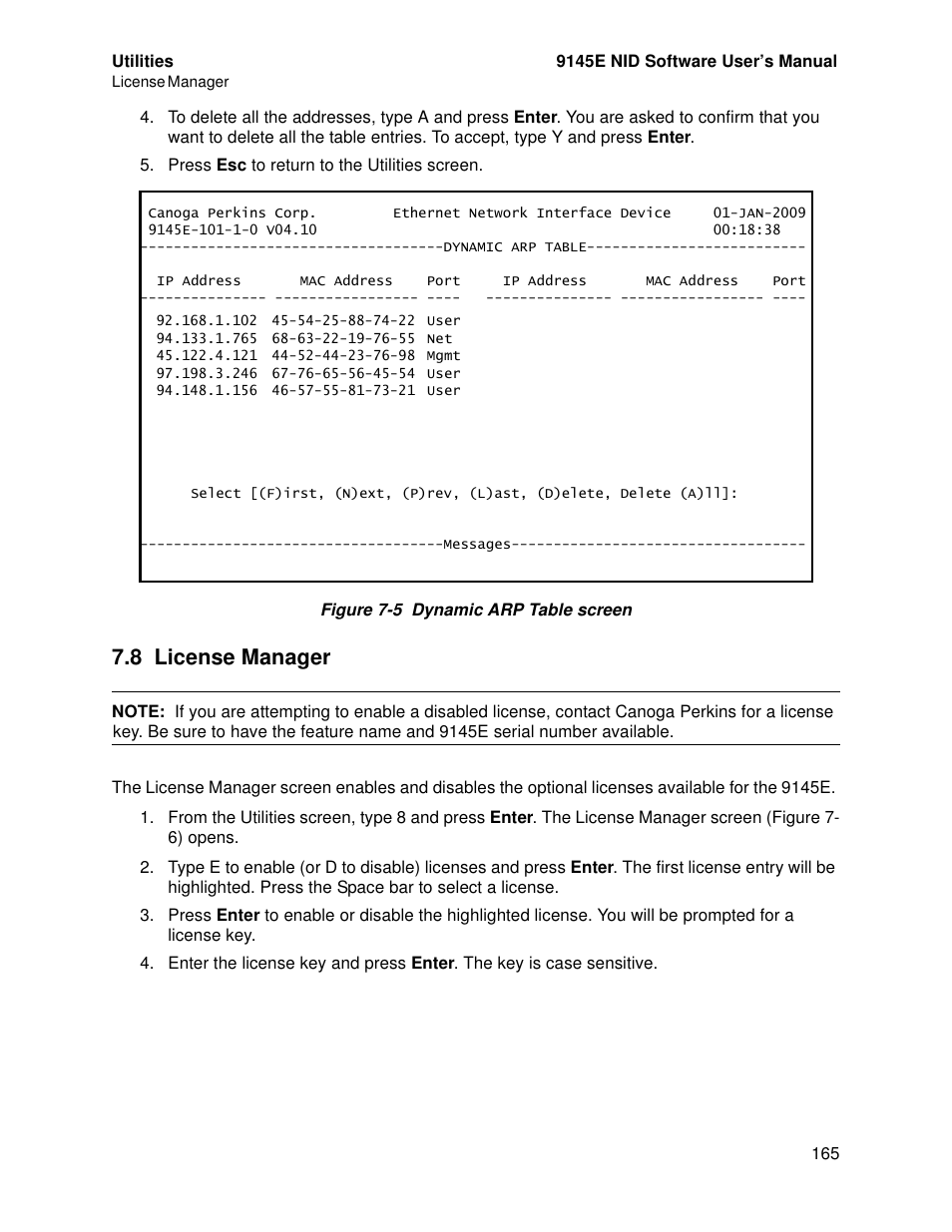 8 license manager, License manager | CANOGA PERKINS 9145E NID Software Version 4.10 User Manual | Page 177 / 296