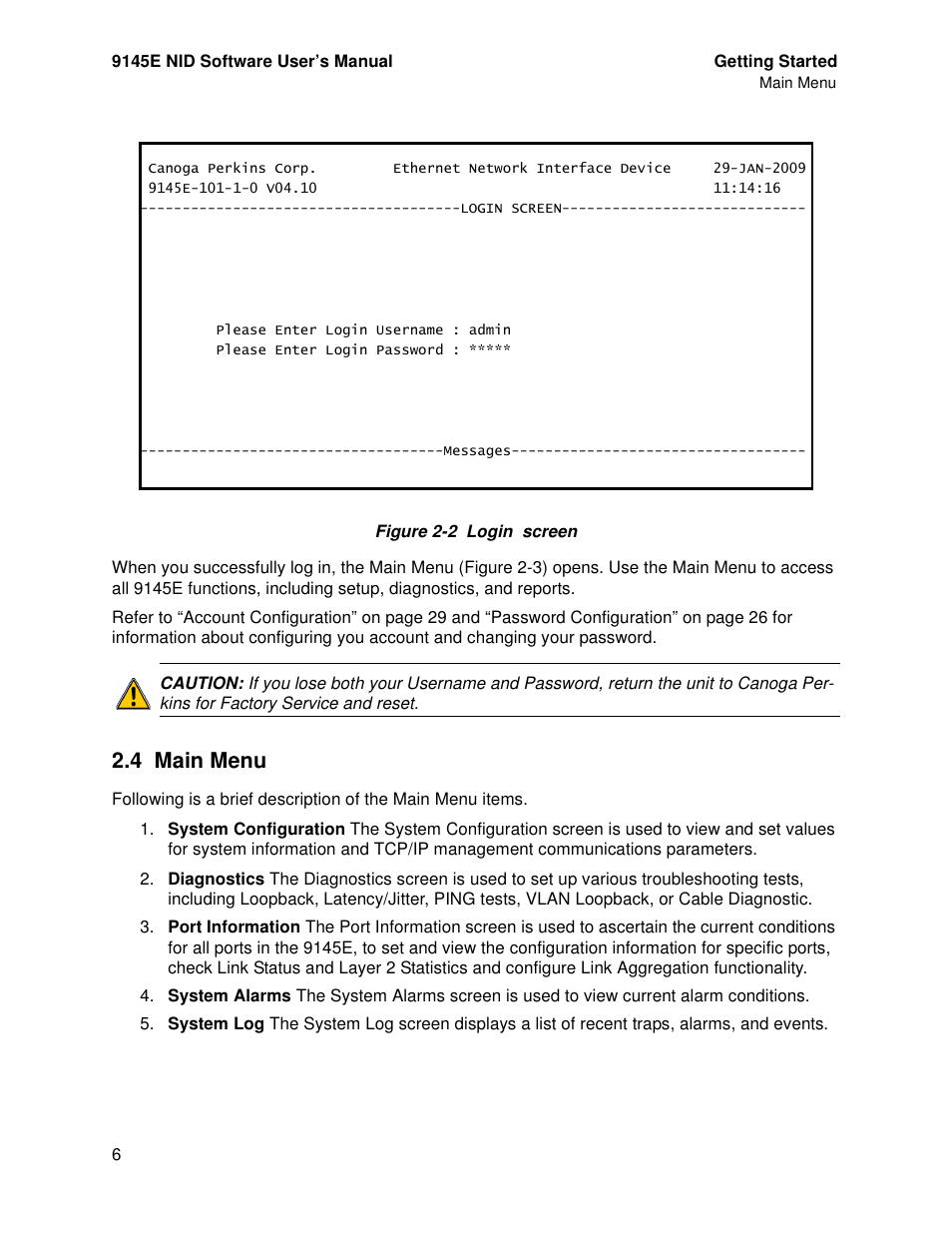 4 main menu, Main menu | CANOGA PERKINS 9145E NID Software Version 4.10 User Manual | Page 18 / 296