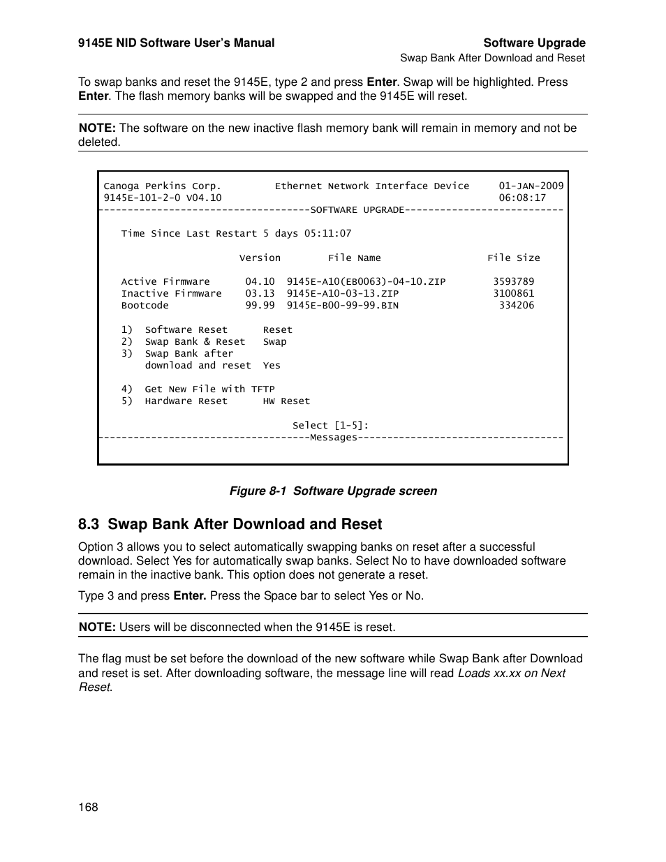 3 swap bank after download and reset, Swap bank after download and reset | CANOGA PERKINS 9145E NID Software Version 4.10 User Manual | Page 180 / 296