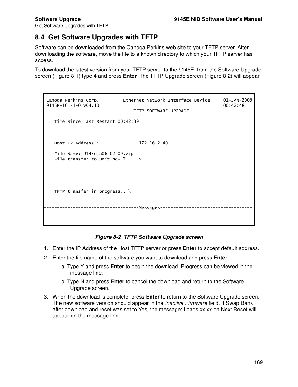 4 get software upgrades with tftp, Get software upgrades with tftp | CANOGA PERKINS 9145E NID Software Version 4.10 User Manual | Page 181 / 296