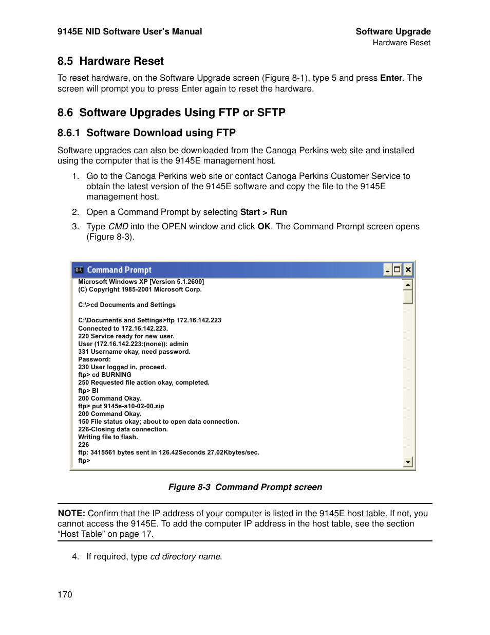 5 hardware reset, 6 software upgrades using ftp or sftp, 1 software download using ftp | Software upgrades using ftp or sftp | CANOGA PERKINS 9145E NID Software Version 4.10 User Manual | Page 182 / 296