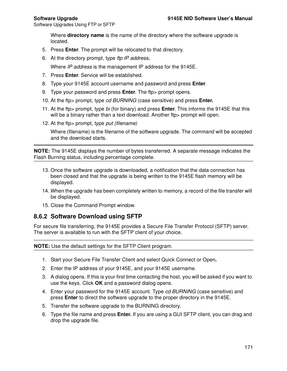 2 software download using sftp | CANOGA PERKINS 9145E NID Software Version 4.10 User Manual | Page 183 / 296