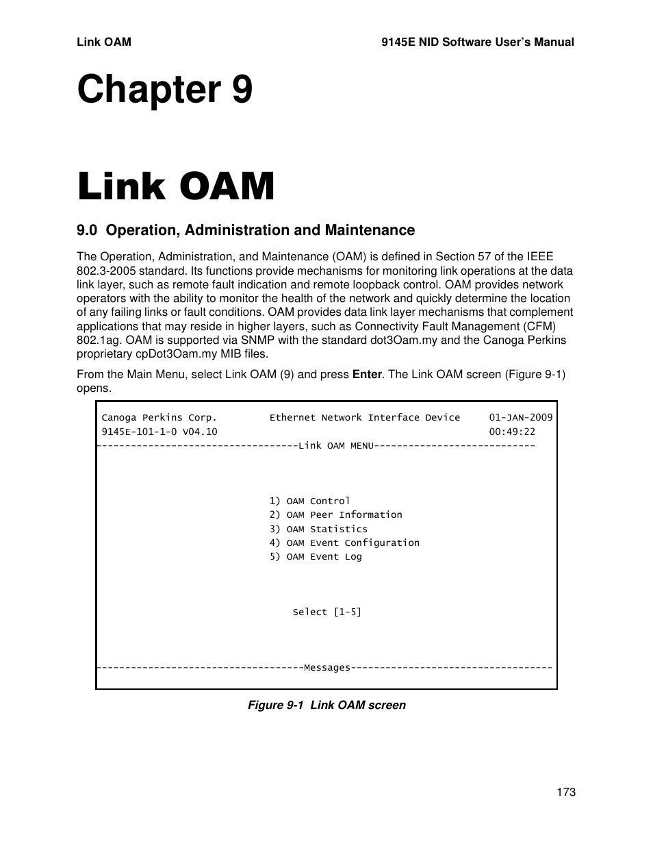 Link oam, 0 operation, administration and maintenance, Chapter 9 link oam | CANOGA PERKINS 9145E NID Software Version 4.10 User Manual | Page 185 / 296