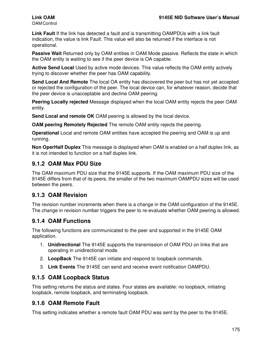 2 oam max pdu size, 3 oam revision, 4 oam functions | 5 oam loopback status, 6 oam remote fault | CANOGA PERKINS 9145E NID Software Version 4.10 User Manual | Page 187 / 296