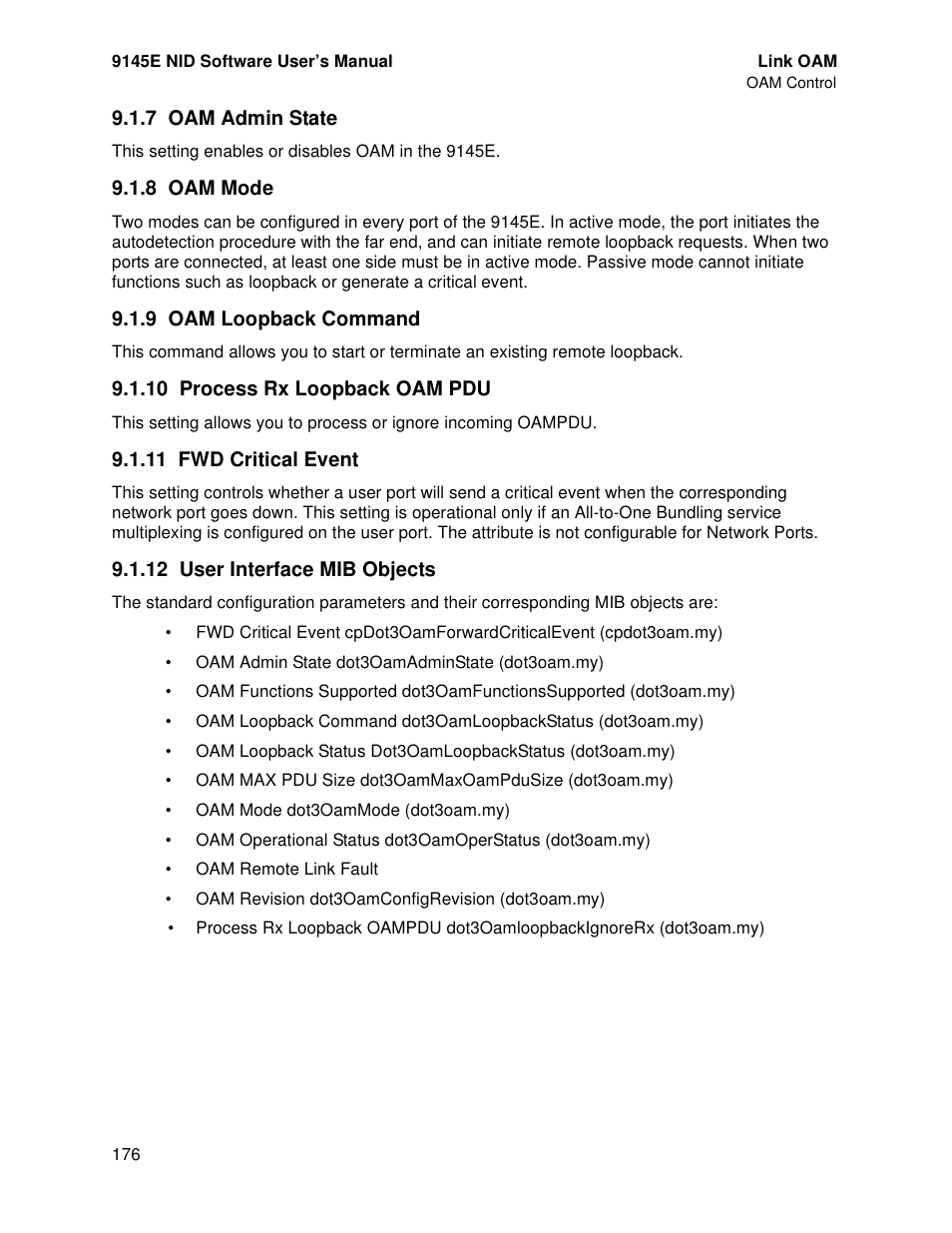 7 oam admin state, 8 oam mode, 9 oam loopback command | 10 process rx loopback oam pdu, 11 fwd critical event, 12 user interface mib objects | CANOGA PERKINS 9145E NID Software Version 4.10 User Manual | Page 188 / 296
