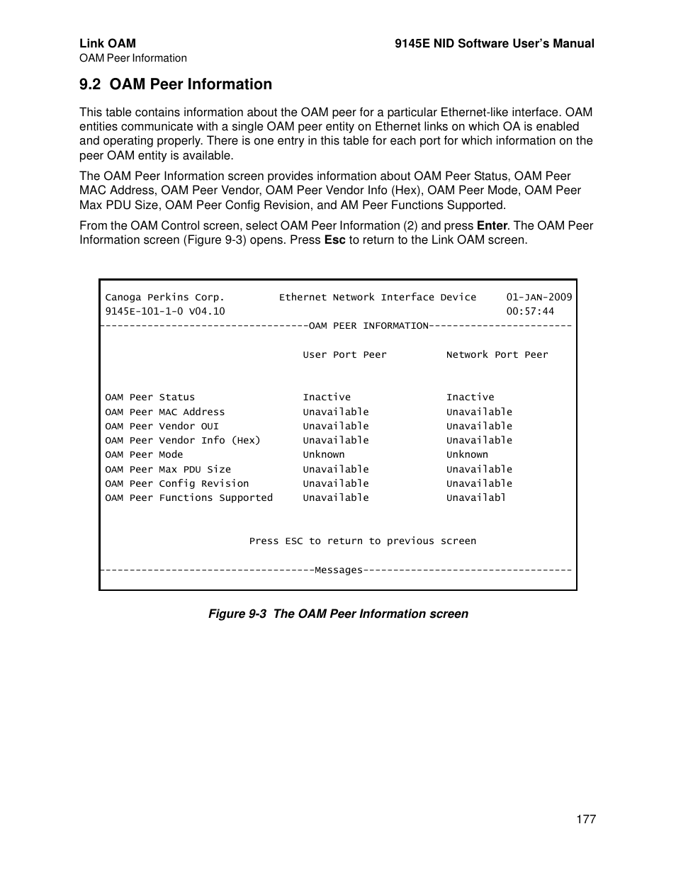 2 oam peer information | CANOGA PERKINS 9145E NID Software Version 4.10 User Manual | Page 189 / 296