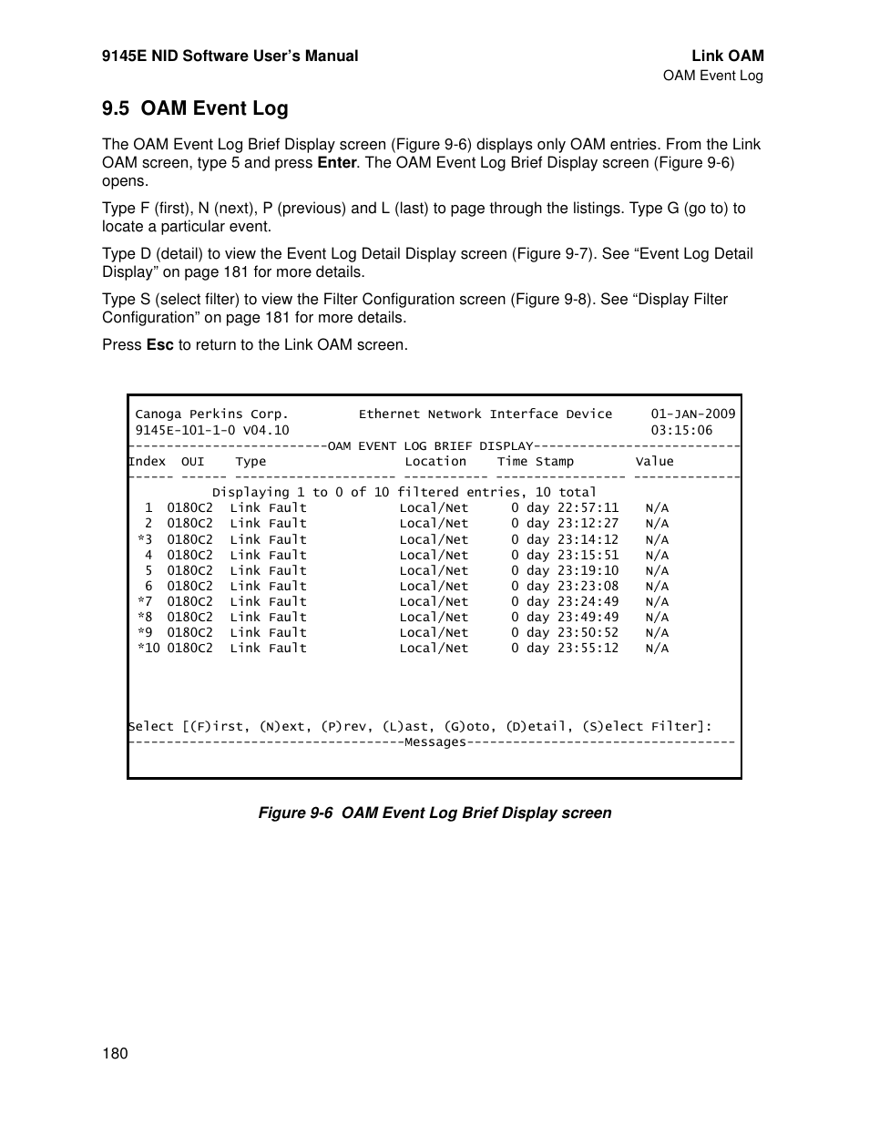 5 oam event log | CANOGA PERKINS 9145E NID Software Version 4.10 User Manual | Page 192 / 296