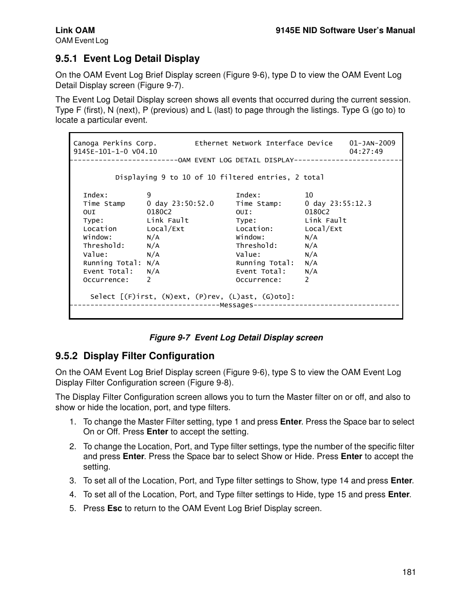 1 event log detail display, 2 display filter configuration, Figure 9-7) | CANOGA PERKINS 9145E NID Software Version 4.10 User Manual | Page 193 / 296