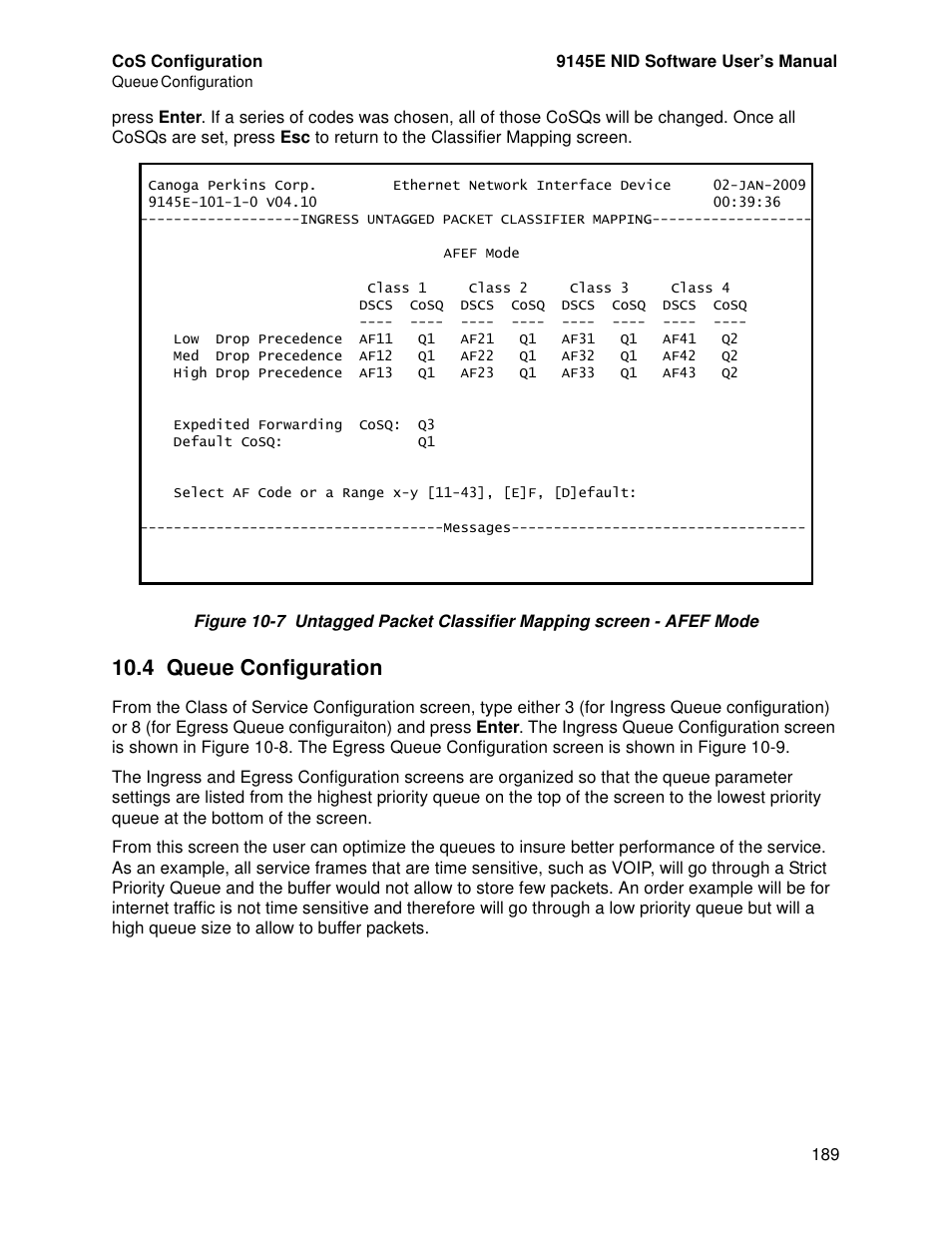 4 queue configuration, Queue configuration, Figure 10-7) | CANOGA PERKINS 9145E NID Software Version 4.10 User Manual | Page 201 / 296
