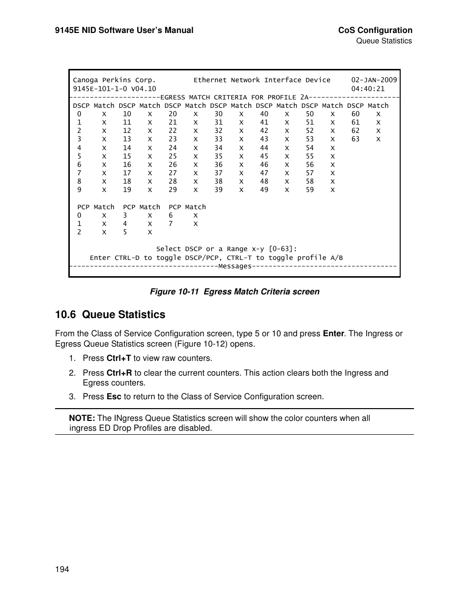 6 queue statistics, Queue statistics | CANOGA PERKINS 9145E NID Software Version 4.10 User Manual | Page 206 / 296