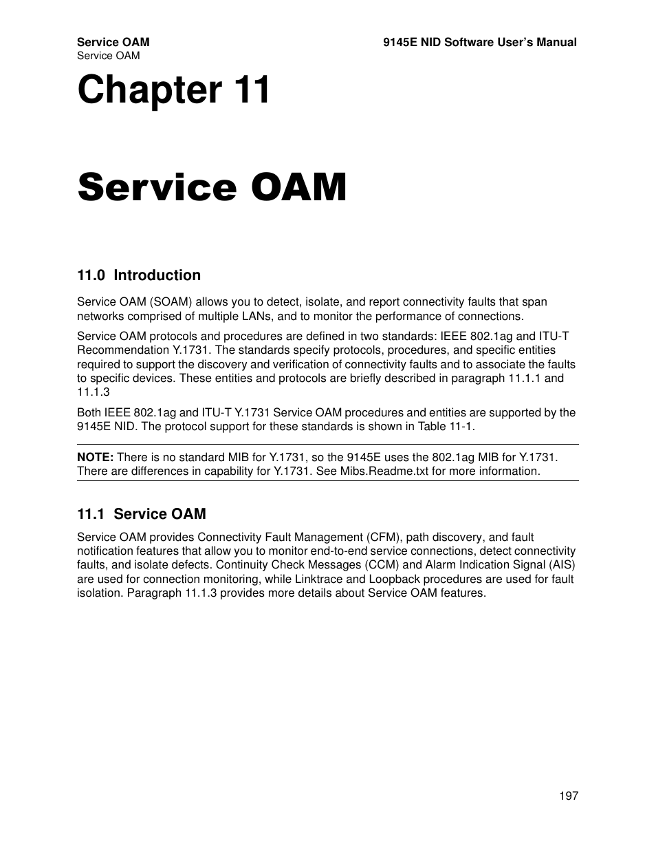 Service oam, 0 introduction, 1 service oam | Chapter 11. service oam, Introduction, Chapter 11 service oam | CANOGA PERKINS 9145E NID Software Version 4.10 User Manual | Page 209 / 296