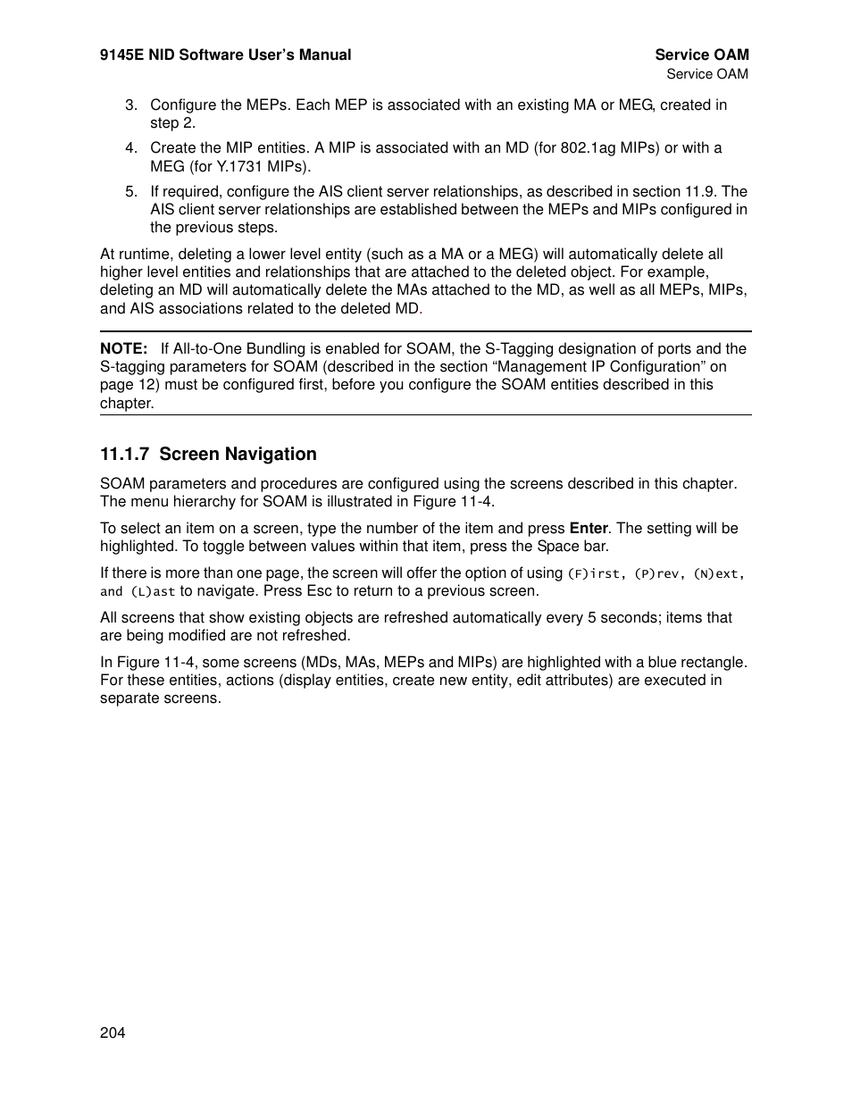 7 screen navigation, Screen navigation | CANOGA PERKINS 9145E NID Software Version 4.10 User Manual | Page 216 / 296