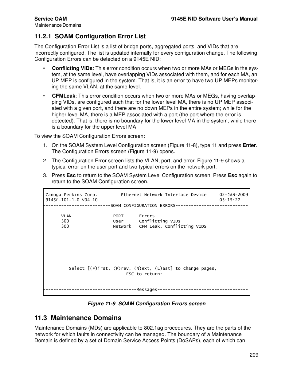 1 soam configuration error list, 3 maintenance domains, Maintenance domains | CANOGA PERKINS 9145E NID Software Version 4.10 User Manual | Page 221 / 296