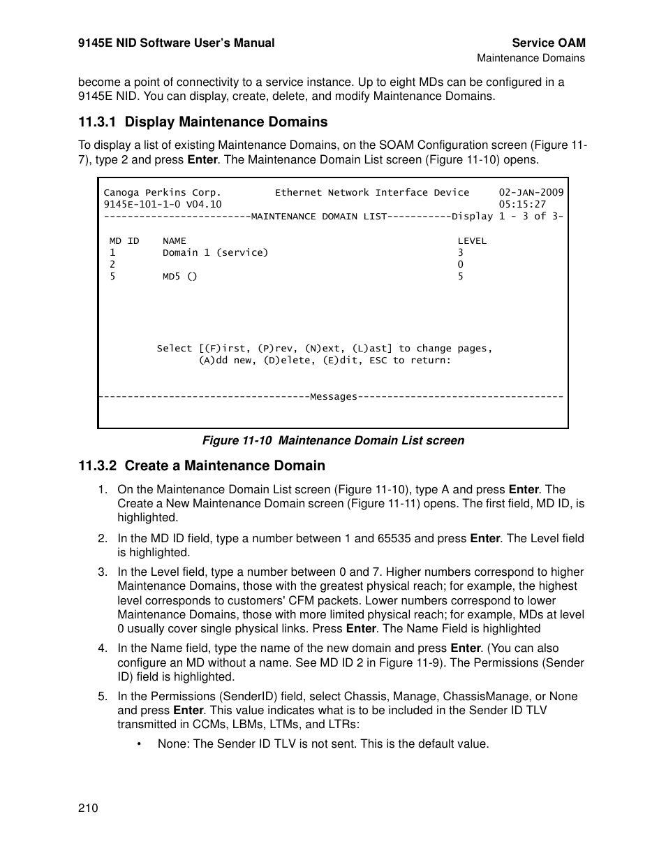 1 display maintenance domains, 2 create a maintenance domain | CANOGA PERKINS 9145E NID Software Version 4.10 User Manual | Page 222 / 296