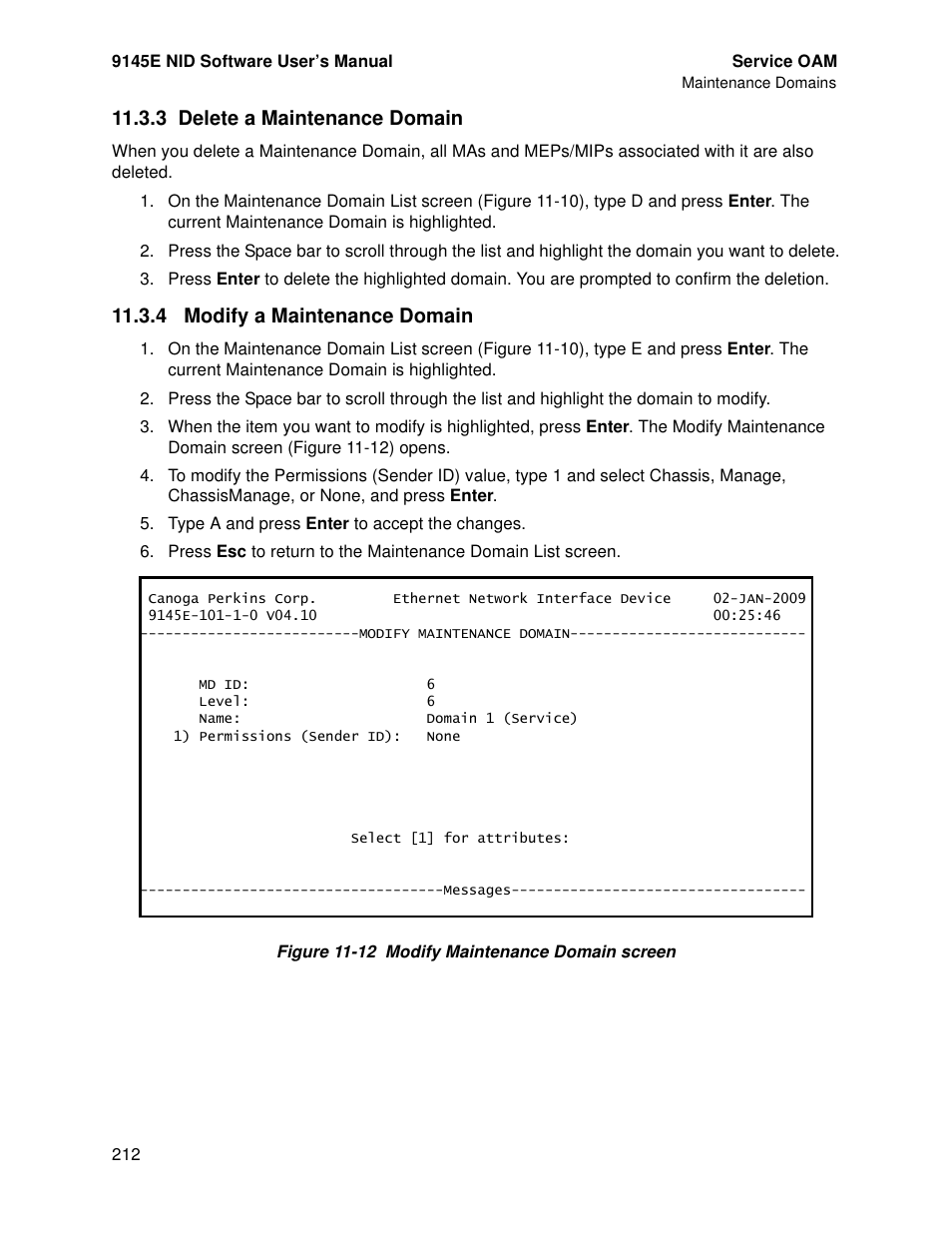 3 delete a maintenance domain, 4 modify a maintenance domain | CANOGA PERKINS 9145E NID Software Version 4.10 User Manual | Page 224 / 296