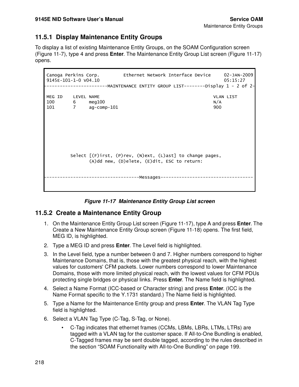 1 display maintenance entity groups, 2 create a maintenance entity group | CANOGA PERKINS 9145E NID Software Version 4.10 User Manual | Page 230 / 296