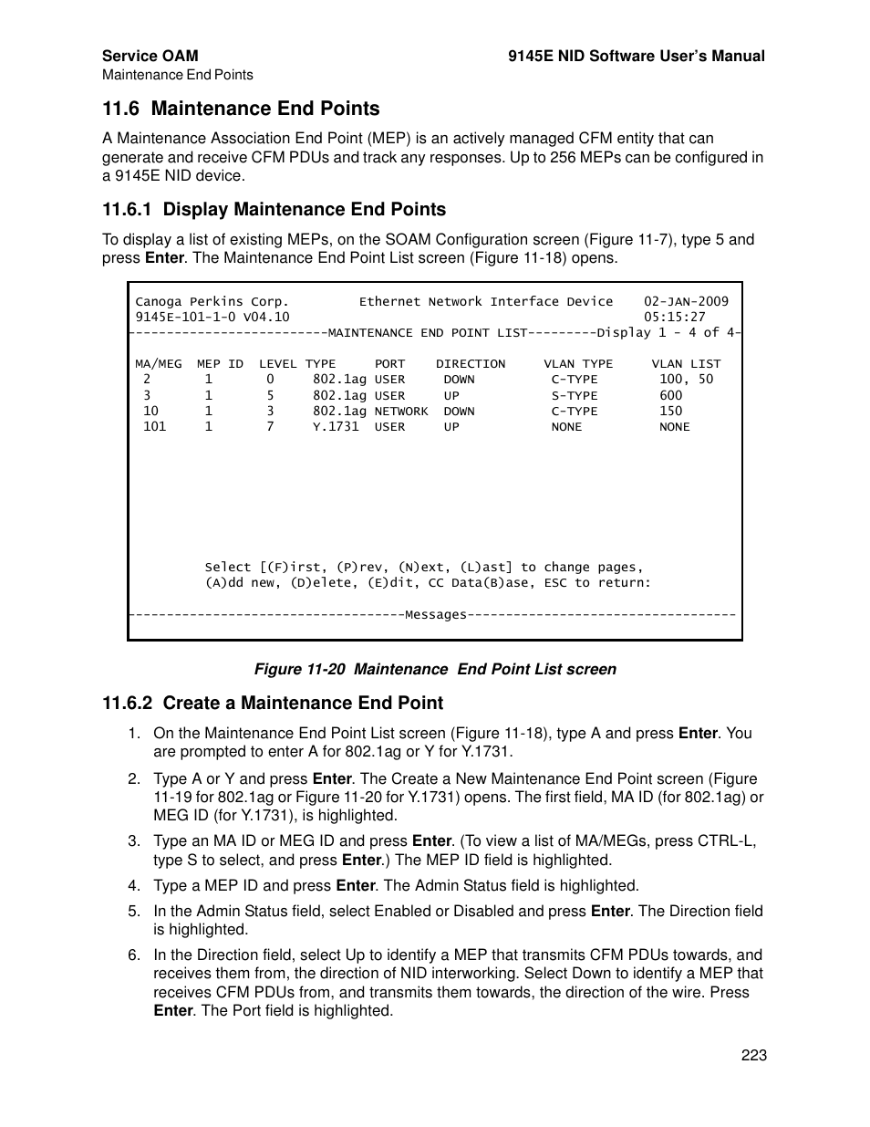 6 maintenance end points, 1 display maintenance end points, 2 create a maintenance end point | Maintenance end points | CANOGA PERKINS 9145E NID Software Version 4.10 User Manual | Page 235 / 296