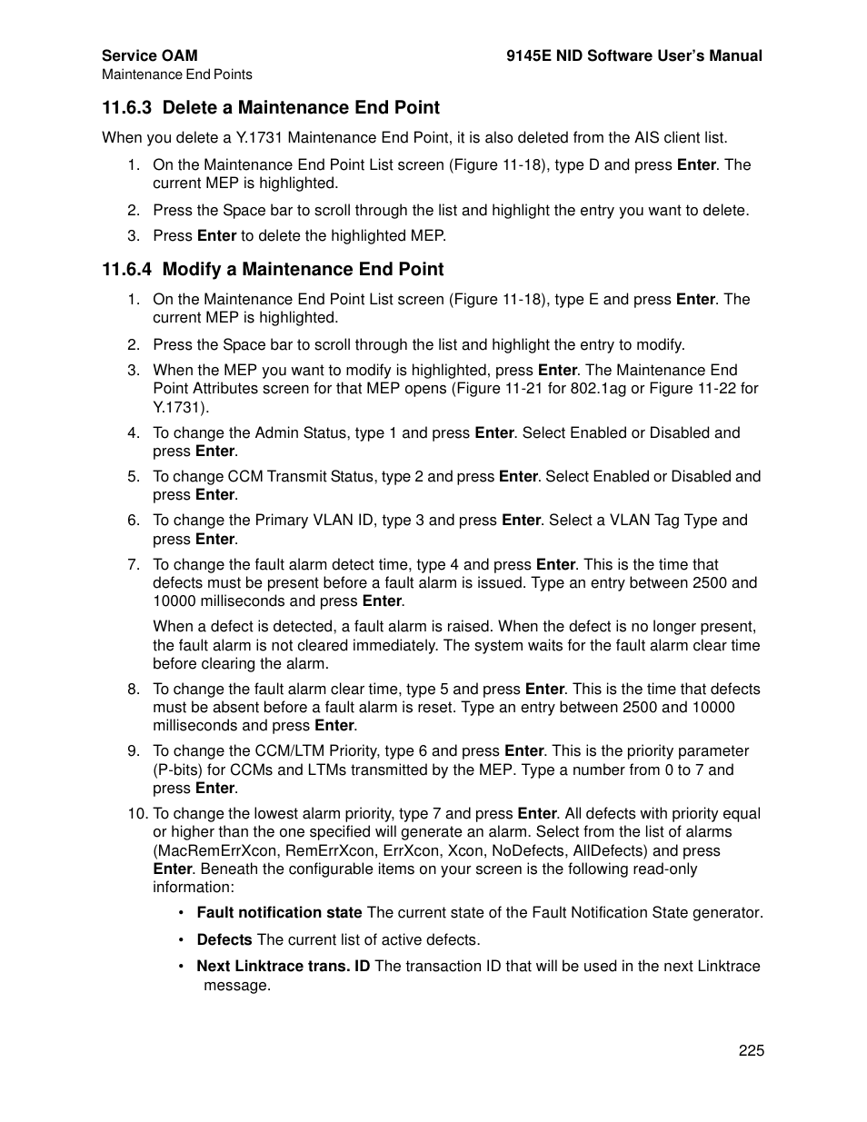 3 delete a maintenance end point, 4 modify a maintenance end point | CANOGA PERKINS 9145E NID Software Version 4.10 User Manual | Page 237 / 296