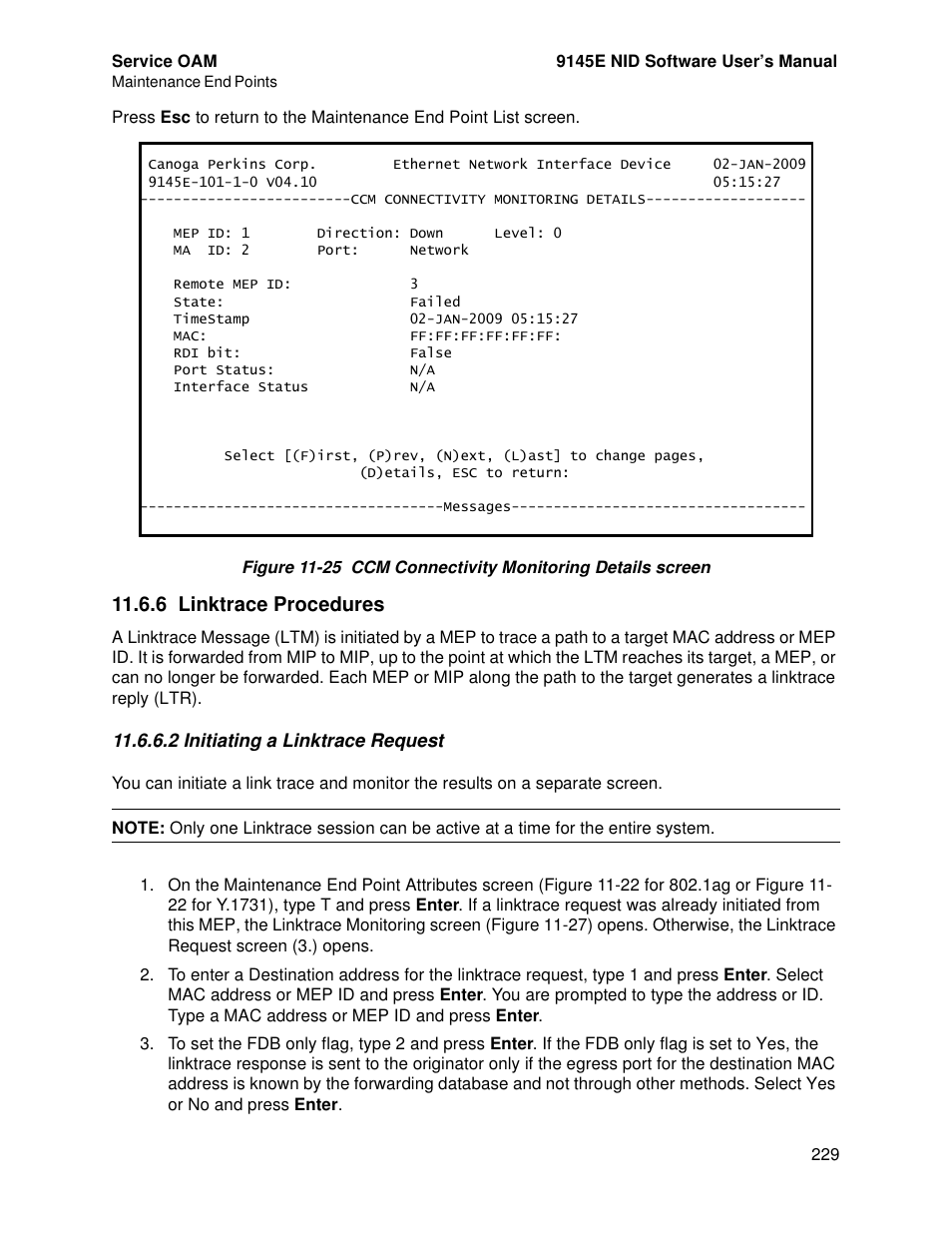 6 linktrace procedures, 2 initiating a linktrace request, Linktrace procedures | CANOGA PERKINS 9145E NID Software Version 4.10 User Manual | Page 241 / 296