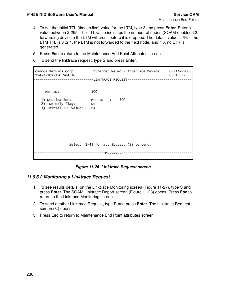 2 monitoring a linktrace request | CANOGA PERKINS 9145E NID Software Version 4.10 User Manual | Page 242 / 296