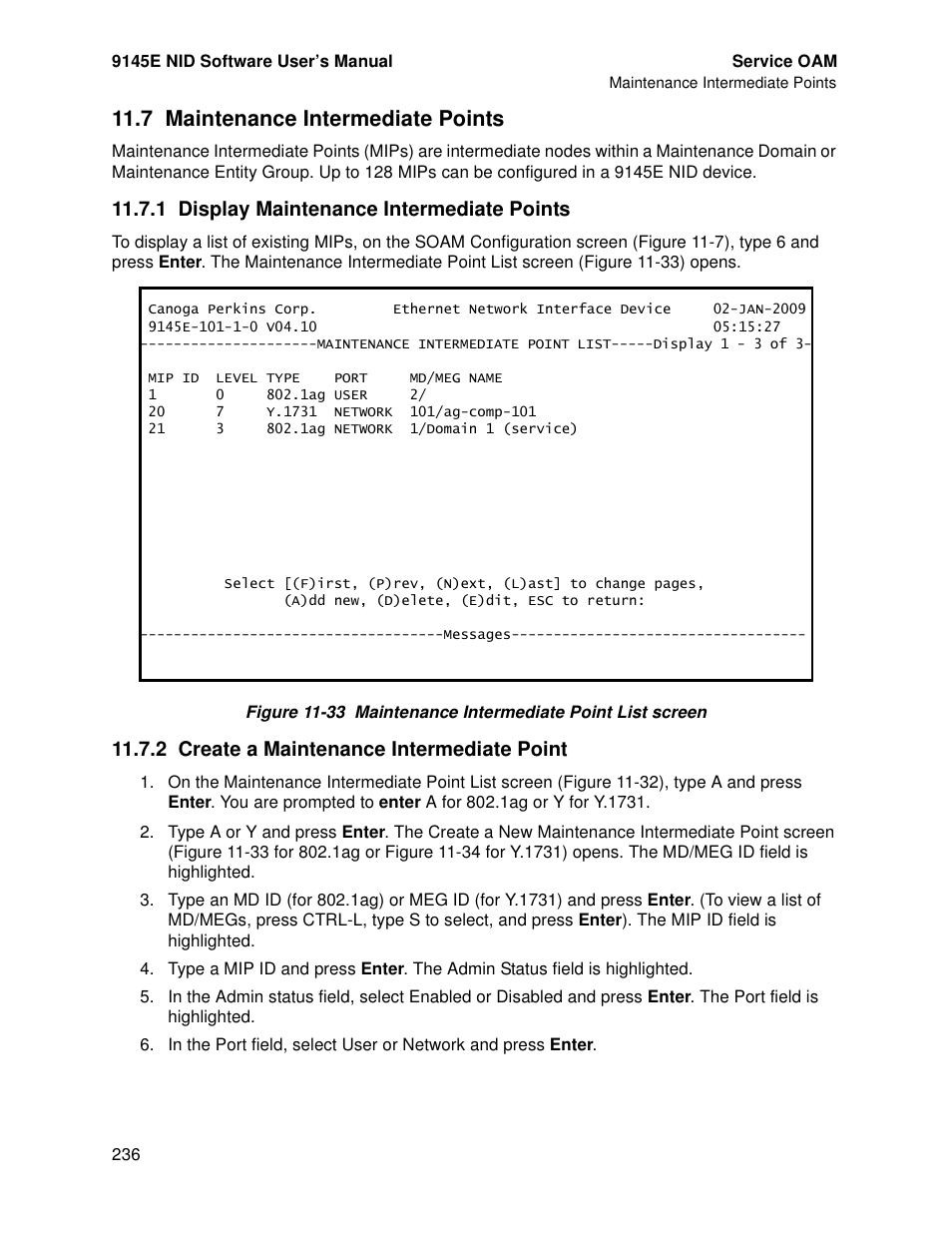7 maintenance intermediate points, 1 display maintenance intermediate points, 2 create a maintenance intermediate point | Maintenance intermediate points | CANOGA PERKINS 9145E NID Software Version 4.10 User Manual | Page 248 / 296