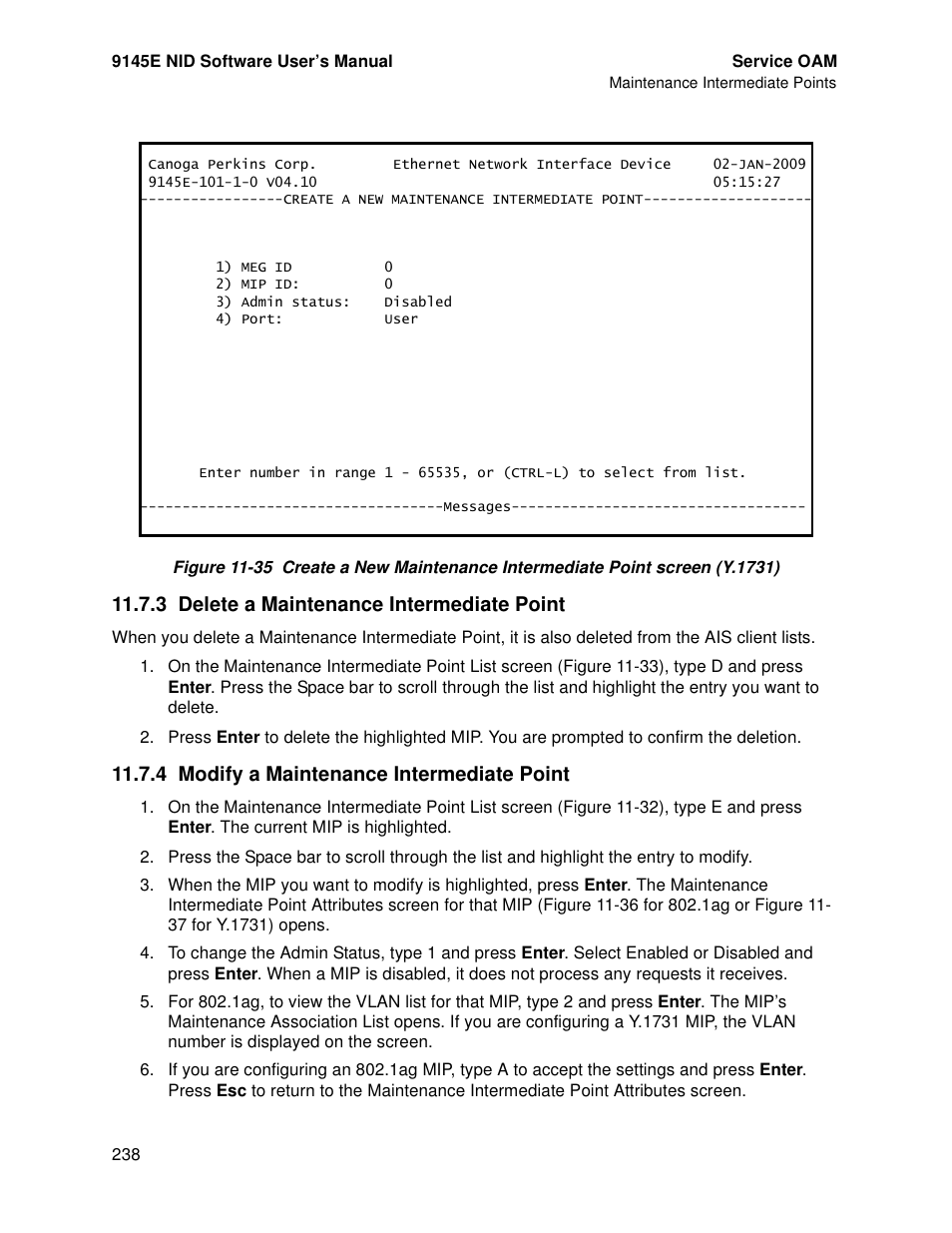 3 delete a maintenance intermediate point, 4 modify a maintenance intermediate point | CANOGA PERKINS 9145E NID Software Version 4.10 User Manual | Page 250 / 296