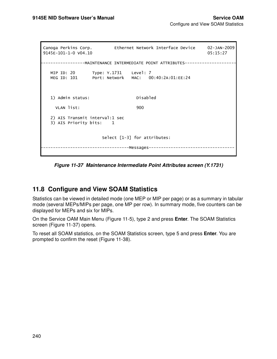 8 configure and view soam statistics, Configure and view soam statistics | CANOGA PERKINS 9145E NID Software Version 4.10 User Manual | Page 252 / 296