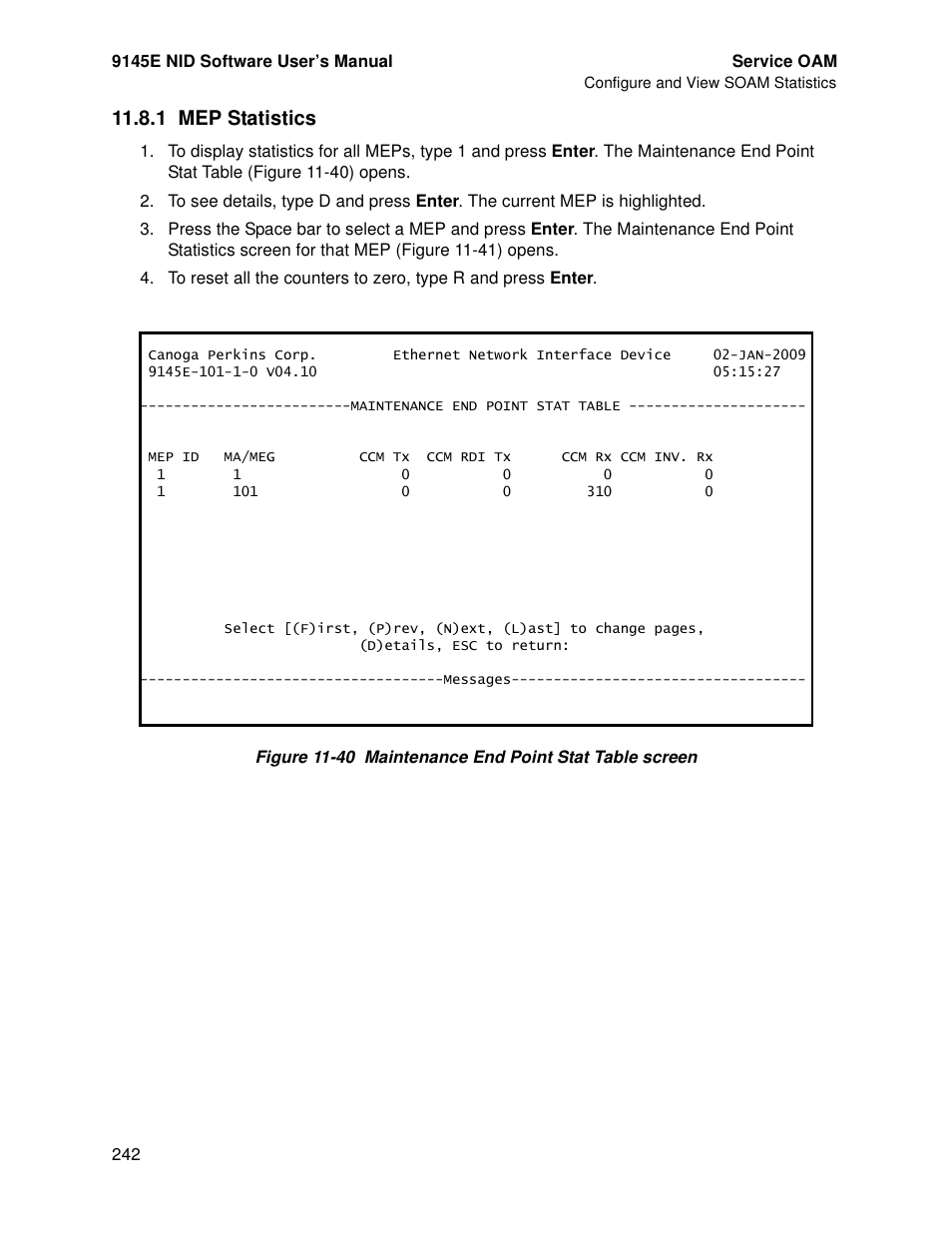 1 mep statistics | CANOGA PERKINS 9145E NID Software Version 4.10 User Manual | Page 254 / 296