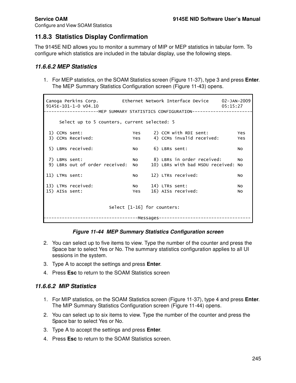 3 statistics display confirmation, 2 mep statistics, 2 mip statistics | Statistics display confirmation | CANOGA PERKINS 9145E NID Software Version 4.10 User Manual | Page 257 / 296