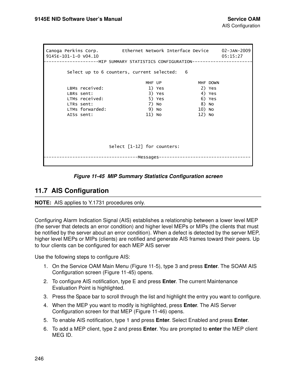7 ais configuration, Ais configuration | CANOGA PERKINS 9145E NID Software Version 4.10 User Manual | Page 258 / 296