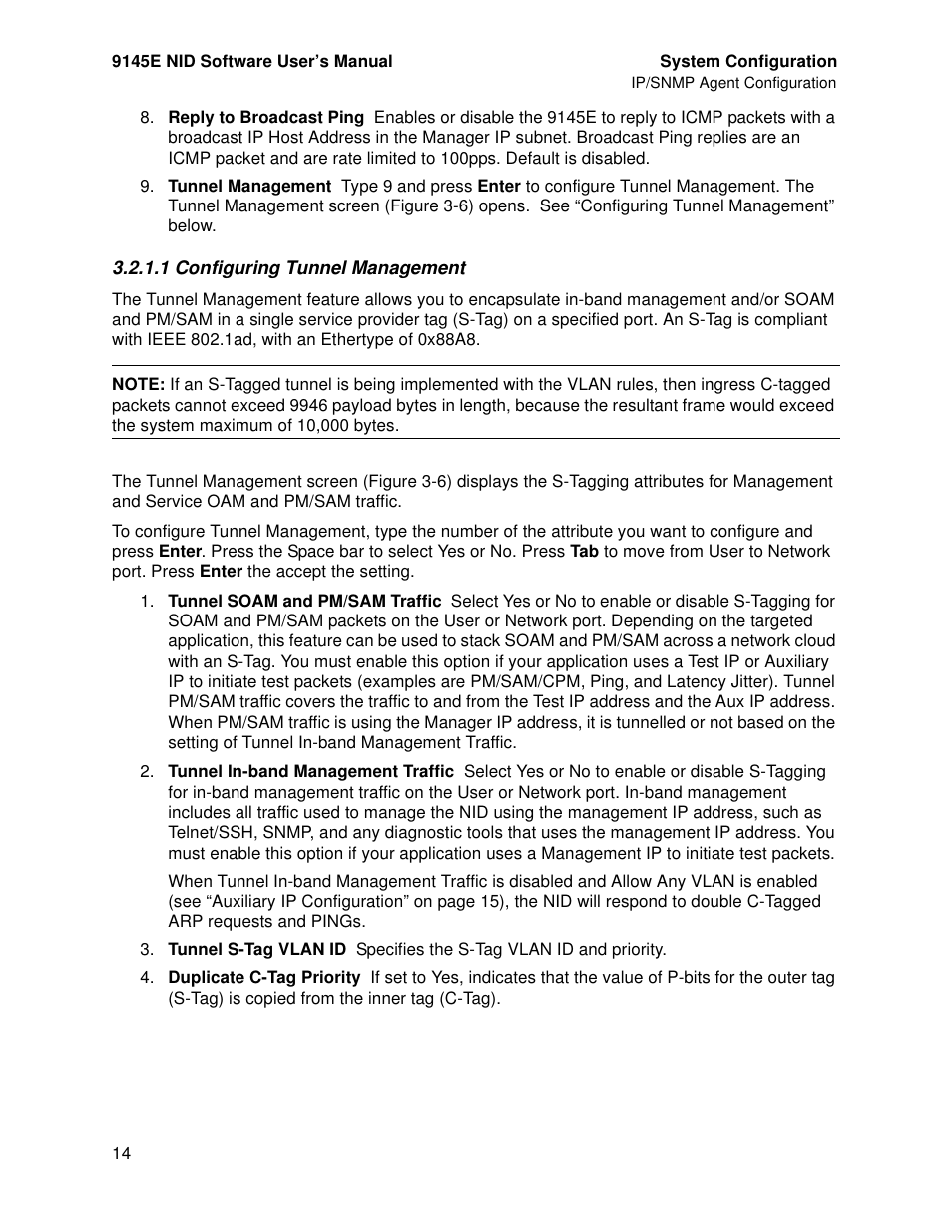 1 configuring tunnel management, Configuring tunnel management | CANOGA PERKINS 9145E NID Software Version 4.10 User Manual | Page 26 / 296