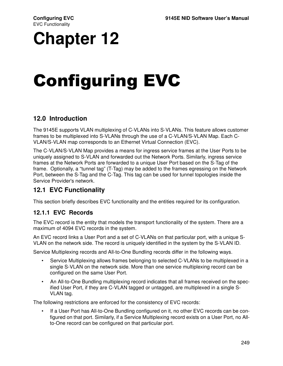 Configuring evc, 0 introduction, 1 evc functionality | 1 evc records, Chapter 12 configuring evc | CANOGA PERKINS 9145E NID Software Version 4.10 User Manual | Page 261 / 296