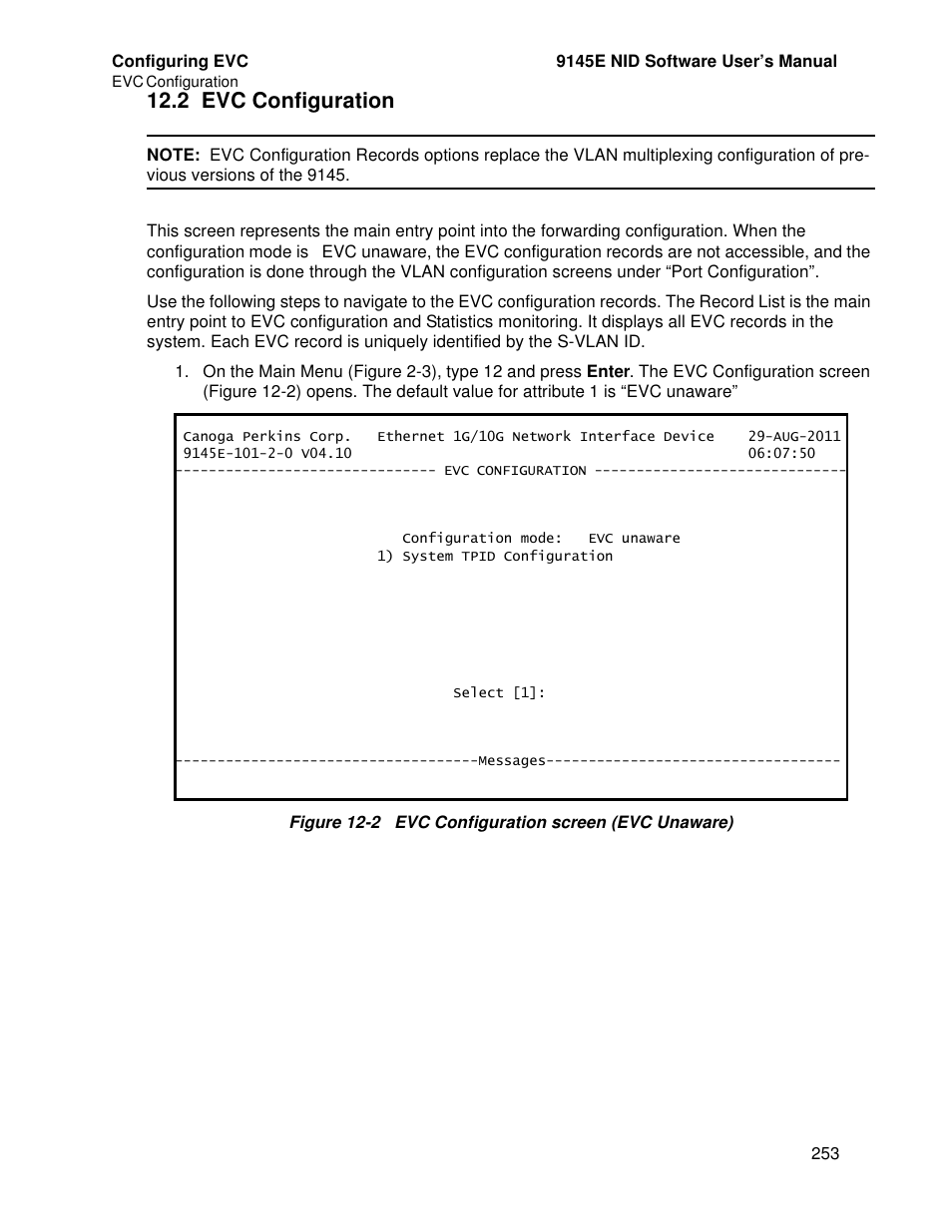 2 evc configuration | CANOGA PERKINS 9145E NID Software Version 4.10 User Manual | Page 265 / 296