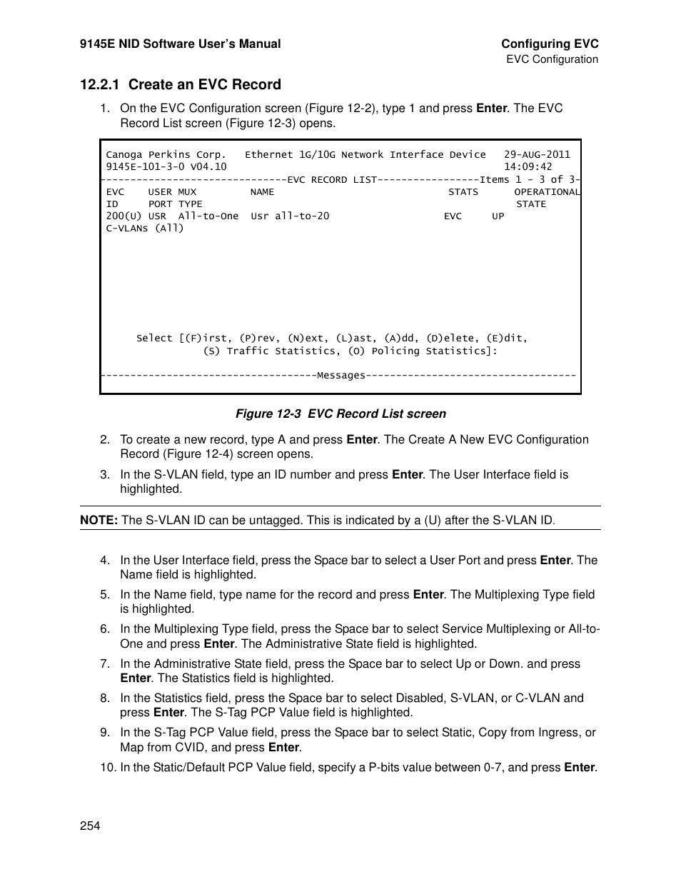 1 create an evc record | CANOGA PERKINS 9145E NID Software Version 4.10 User Manual | Page 266 / 296