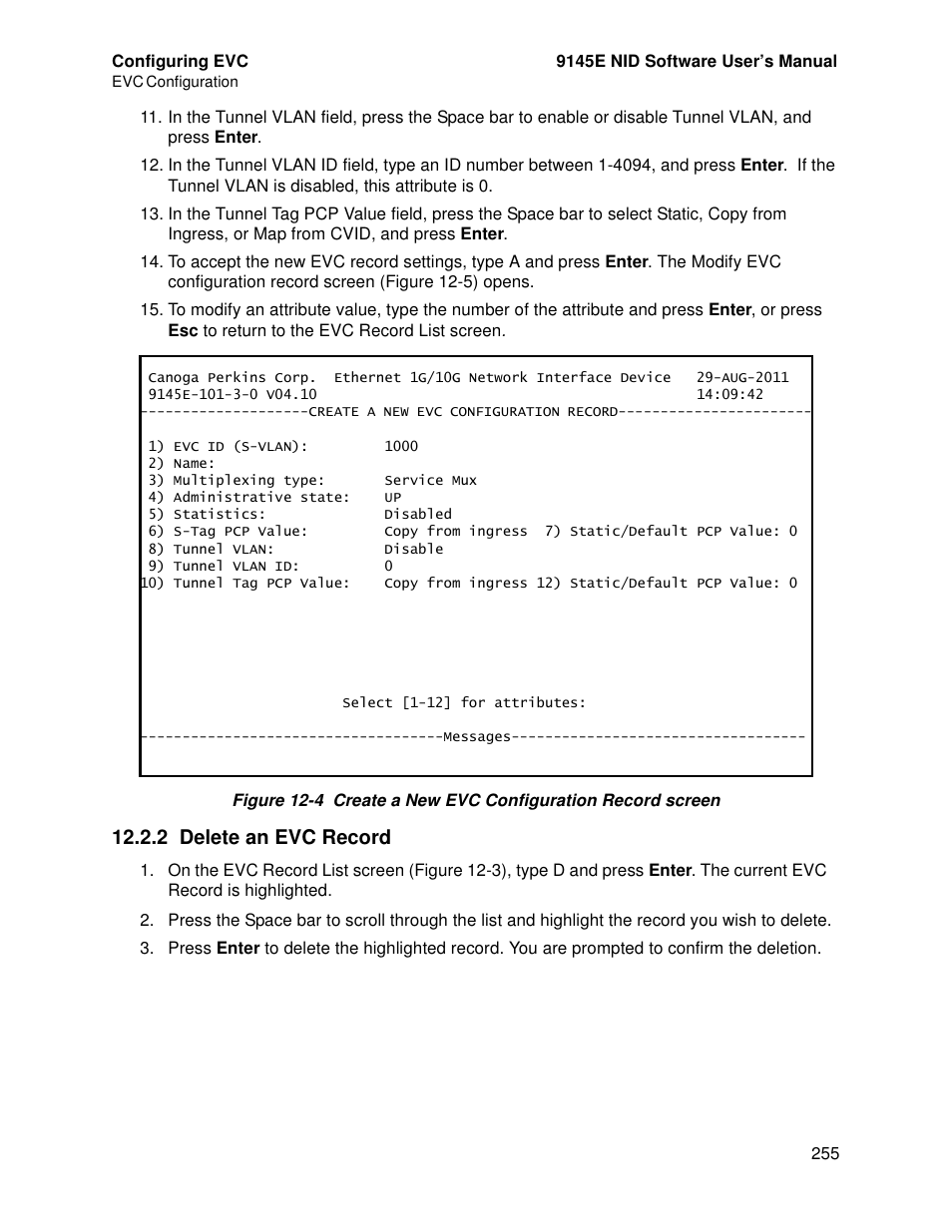 2 delete an evc record | CANOGA PERKINS 9145E NID Software Version 4.10 User Manual | Page 267 / 296
