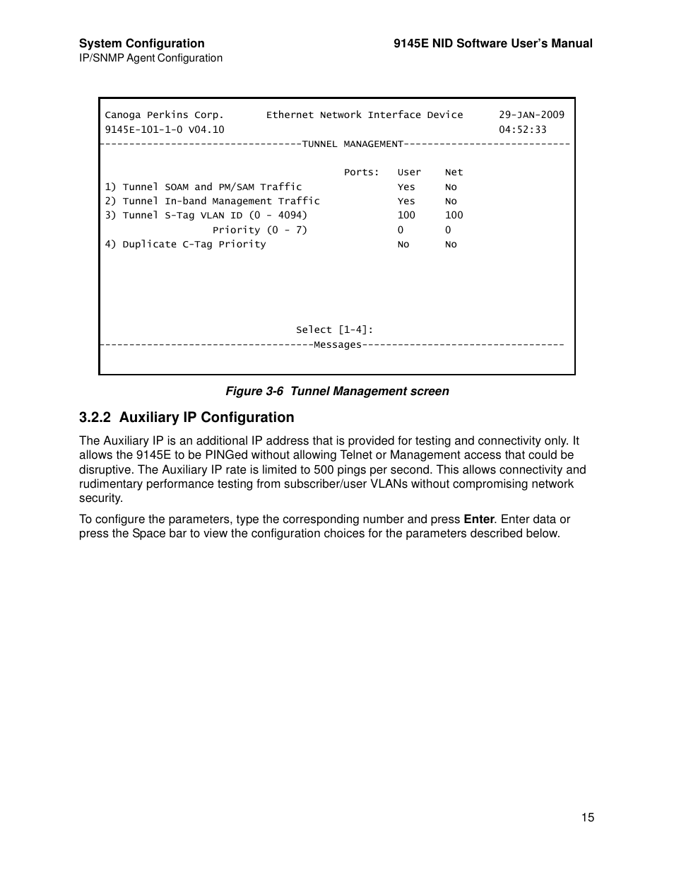 2 auxiliary ip configuration, Auxiliary ip configuration, Figure 3-6) | CANOGA PERKINS 9145E NID Software Version 4.10 User Manual | Page 27 / 296