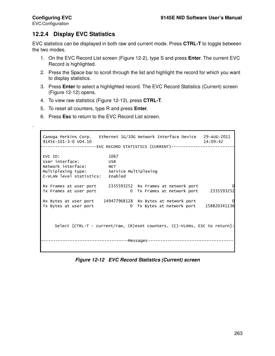 4 display evc statistics | CANOGA PERKINS 9145E NID Software Version 4.10 User Manual | Page 275 / 296