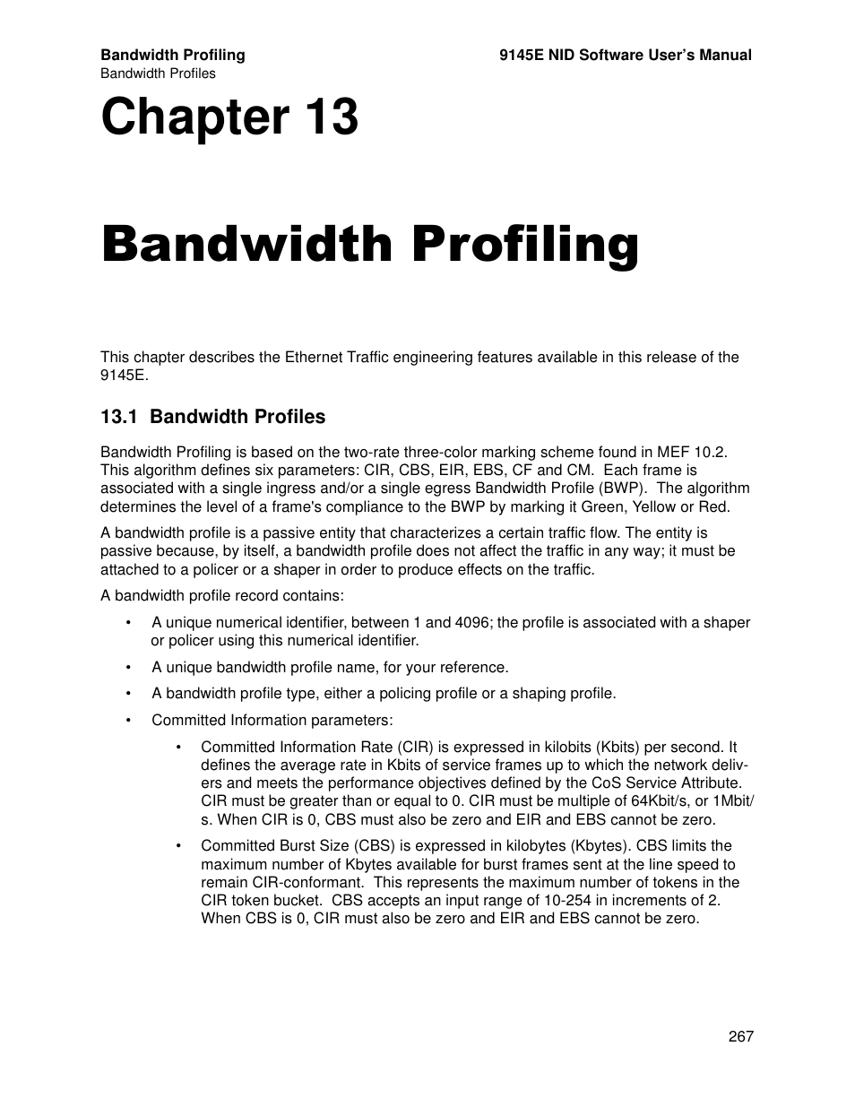 Bandwidth profiling, 1 bandwidth profiles, Chapter 13 bandwidth profiling | CANOGA PERKINS 9145E NID Software Version 4.10 User Manual | Page 279 / 296