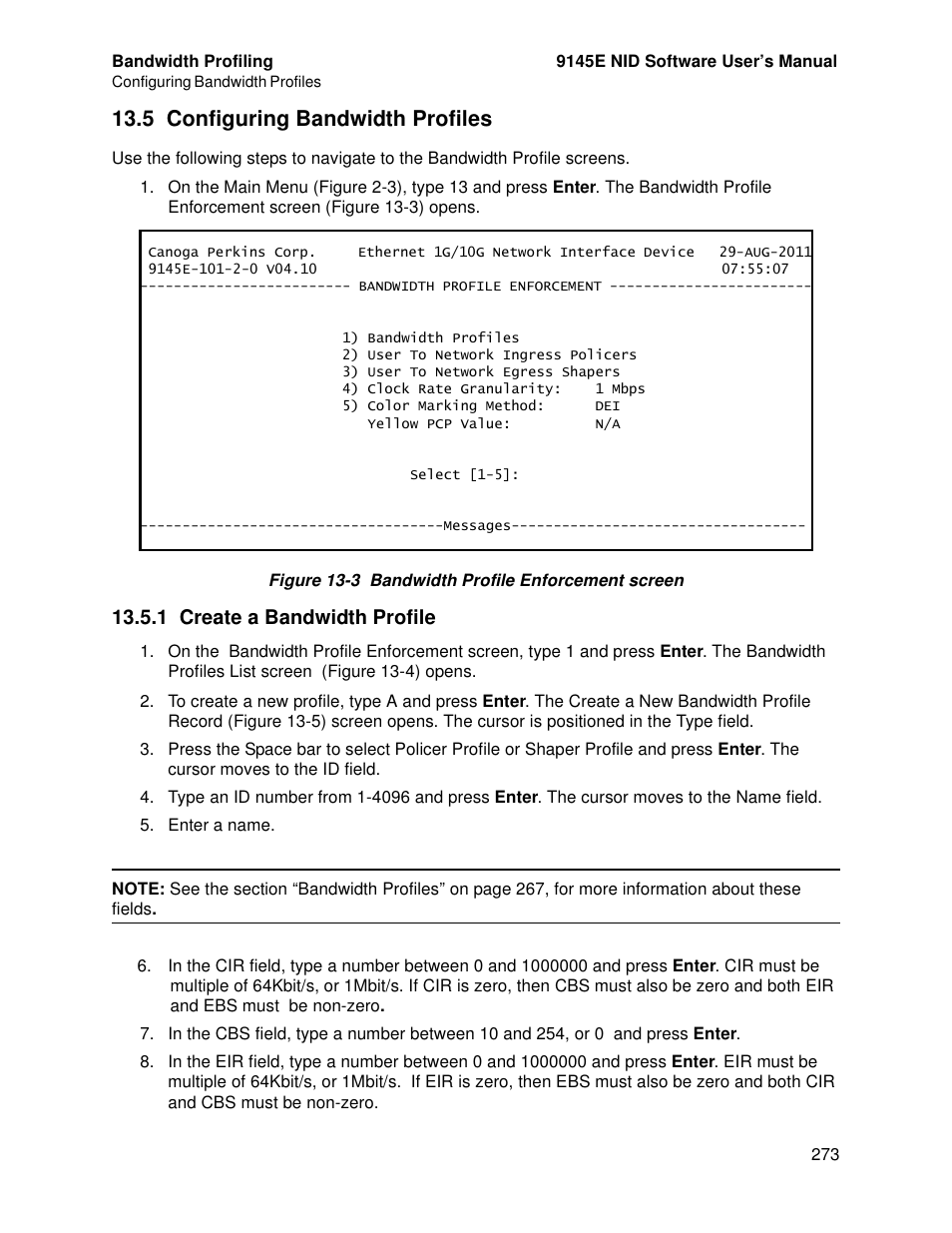 5 configuring bandwidth profiles, 1 create a bandwidth profile | CANOGA PERKINS 9145E NID Software Version 4.10 User Manual | Page 285 / 296